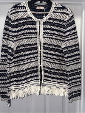 Tory Burch Tory Navy & Off White Striped Fringe-Hem Cardigan